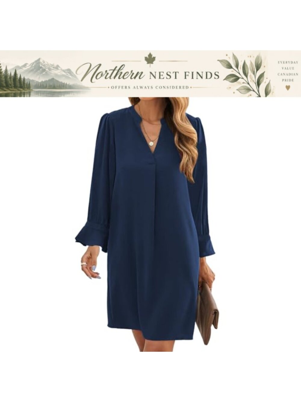 Womens Long Sleeve V Neck Flowy Shirt Dress Polyester Loose Fit